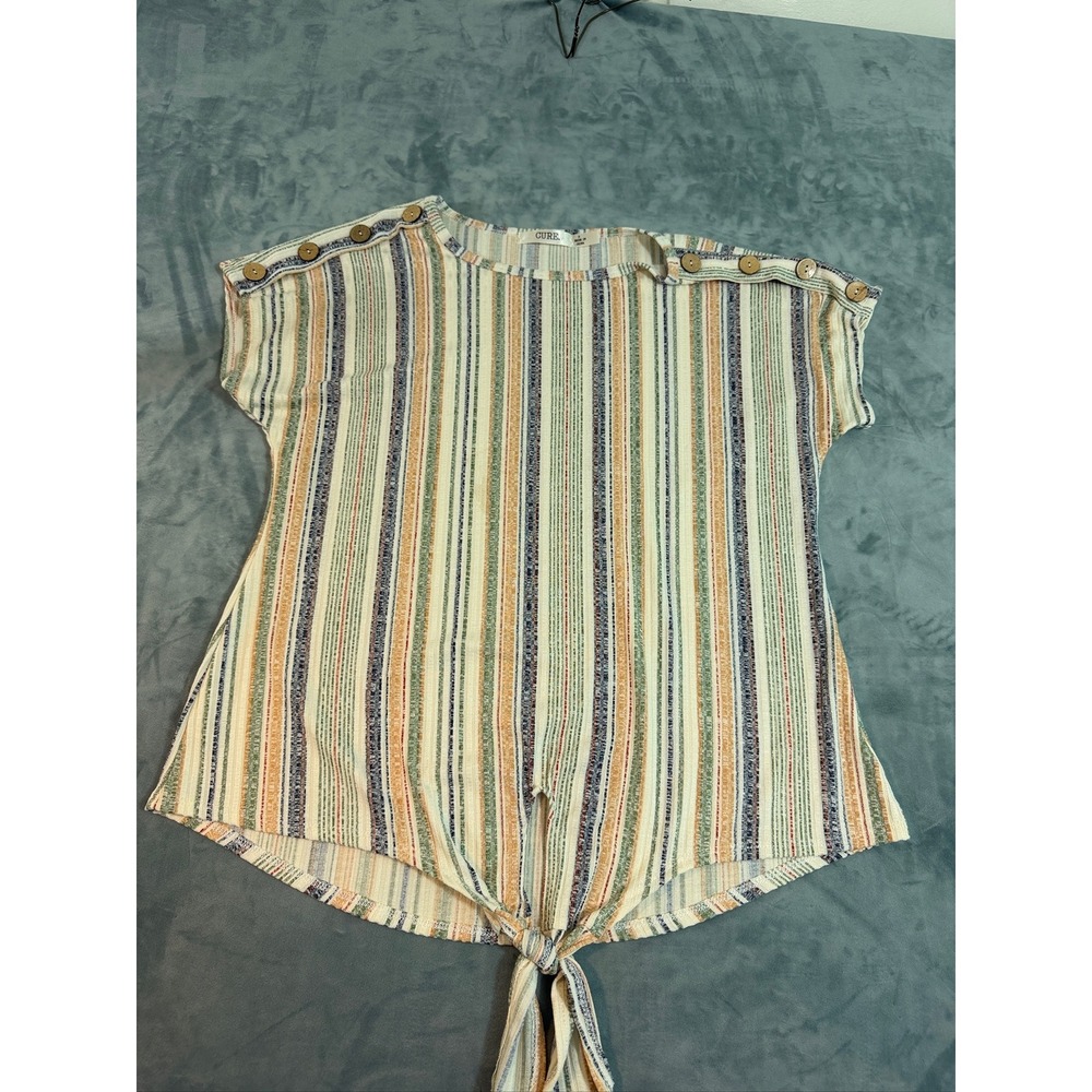 CURE. Womens Small Multi Color Striped Tie Front Button Short Sleeve Top